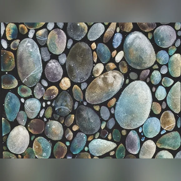 Set of 2 Watercolour Pebble Art Prints - Earthy Blue & Gray Stone Wall Decor - Picture 3 of 6